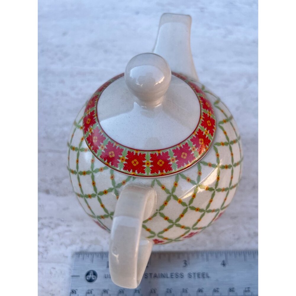 Harry & David 3 Piece Teapot & Cup Set Ceramic Red & Green Floral Plaid - Picture 4 of 13